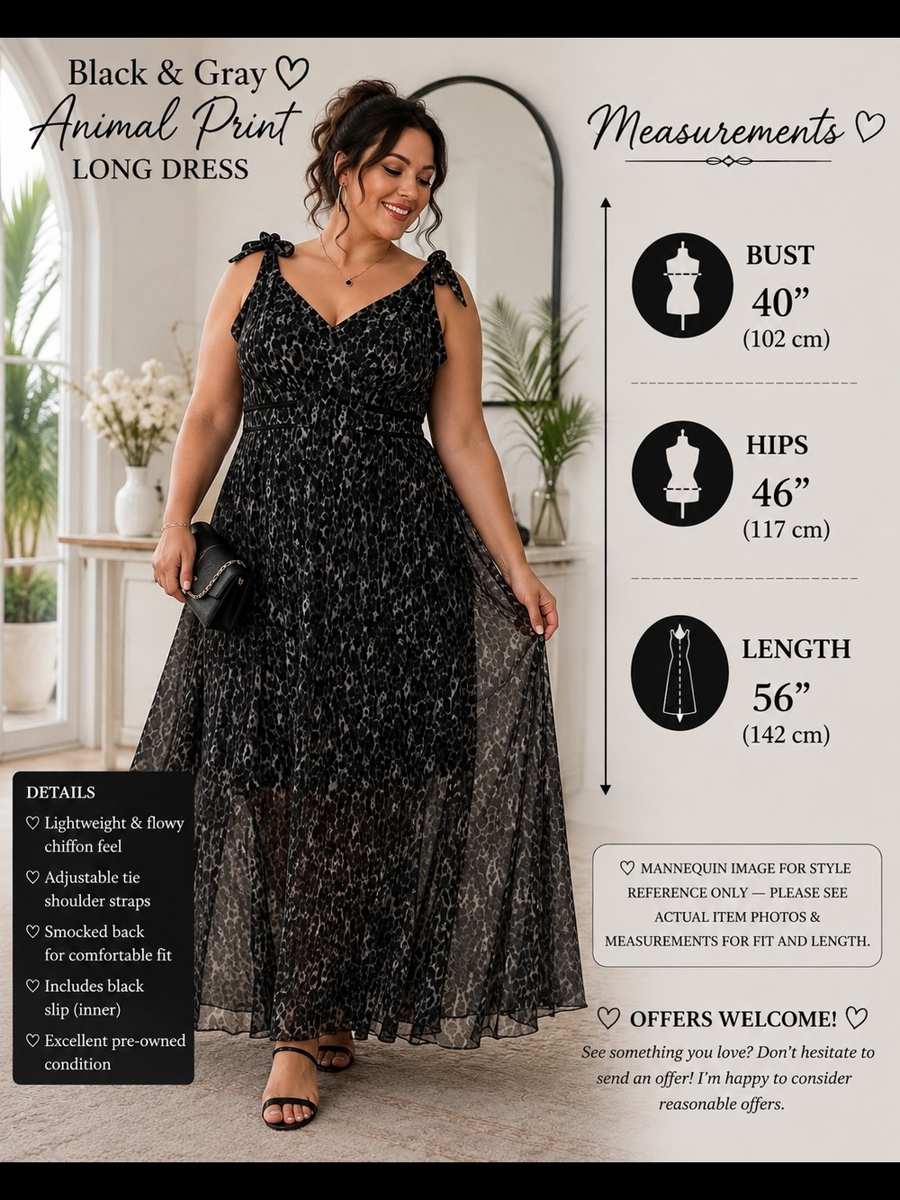 TORRID Black & Gray Animal Print Maxi Dress w/ Black Slip Tie Straps PLUS 2